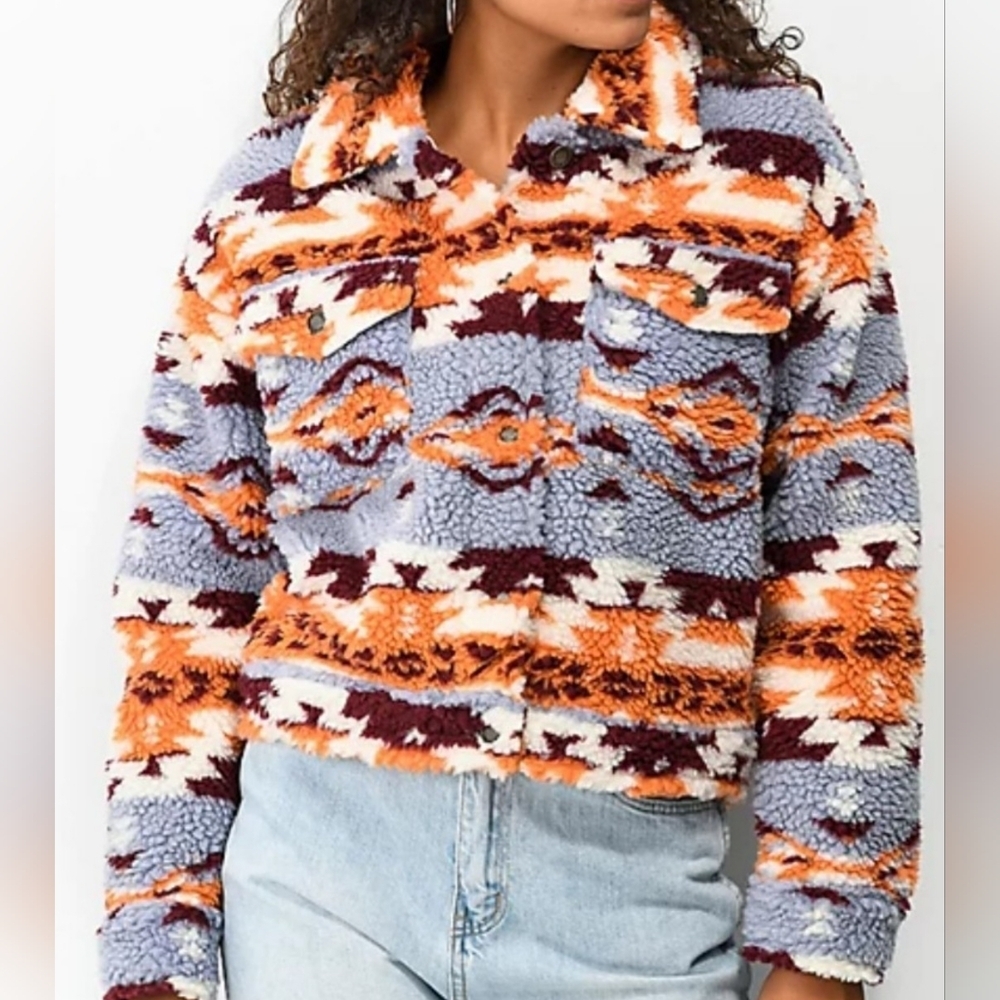 Forever 21 aztec Teddy Jacket med cropped sherpa fleece cream orange burgundy